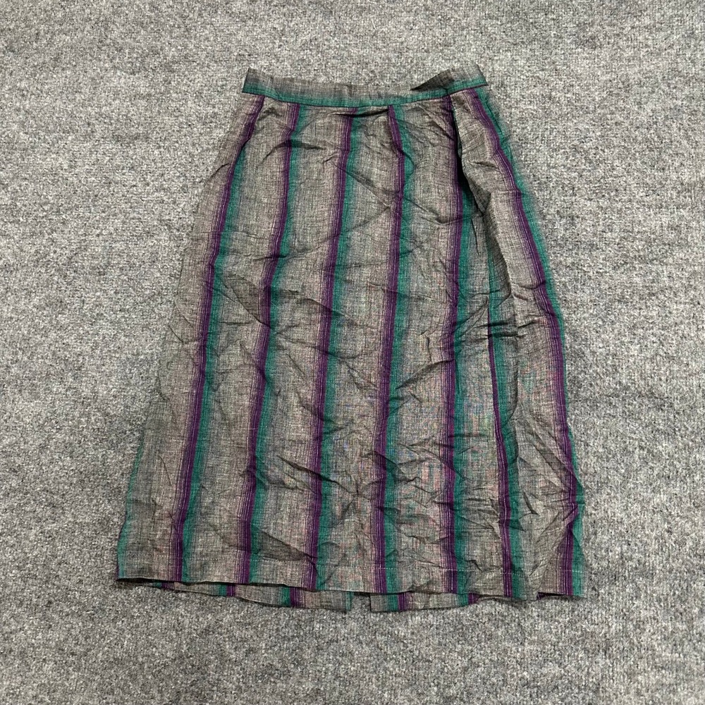 Christian Dior Skirt Womens Size 8 Gray Purple Green Striped Button Front Midi